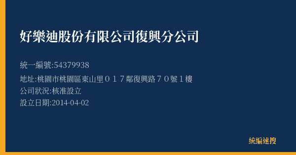 好樂迪股份有限公司復興分公司的照片-統編 54379938(桃園市) 公司登記資料與營業項目詳細圖表