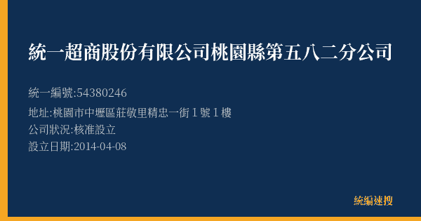 統一超商股份有限公司桃園縣第五八二分公司的照片-統編 54380246(桃園市) 公司登記資料與營業項目詳細圖表