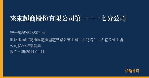 來來超商股份有限公司第一一一七分公司的照片-統編 54380294(桃園市) 公司登記資料與營業項目詳細圖表