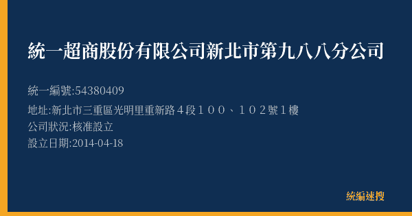 統一超商股份有限公司新北市第九八八分公司的照片-統編 54380409(新北市) 公司登記資料與營業項目詳細圖表