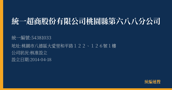 統一超商股份有限公司桃園縣第六八八分公司的照片-統編 54381033(桃園市) 公司登記資料與營業項目詳細圖表