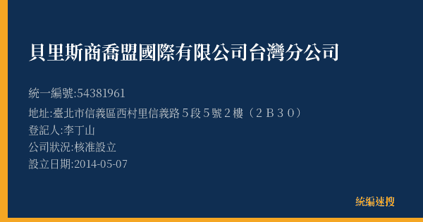貝里斯商喬盟國際有限公司台灣分公司的照片-統編 54381961(臺北市) 公司登記資料與營業項目詳細圖表