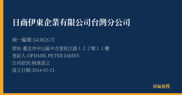 日商伊東企業有限公司台灣分公司的照片-統編 54382672(臺北市) 公司登記資料與營業項目詳細圖表