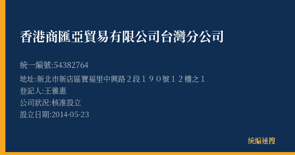 香港商匯亞貿易有限公司台灣分公司的照片-統編 54382764(新北市) 公司登記資料與營業項目詳細圖表