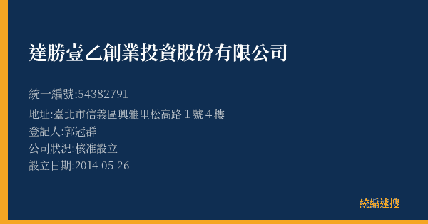 達勝壹乙創業投資股份有限公司的照片-統編 54382791(臺北市) 公司登記資料與營業項目詳細圖表