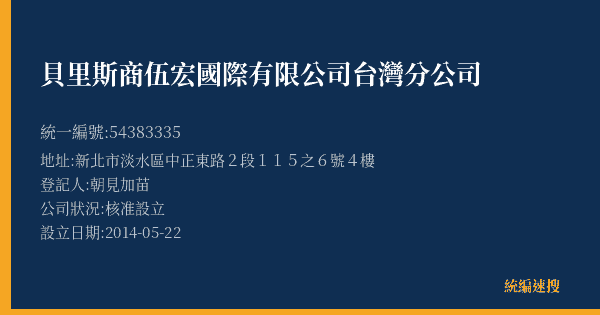 貝里斯商伍宏國際有限公司台灣分公司的照片-統編 54383335(新北市) 公司登記資料與營業項目詳細圖表