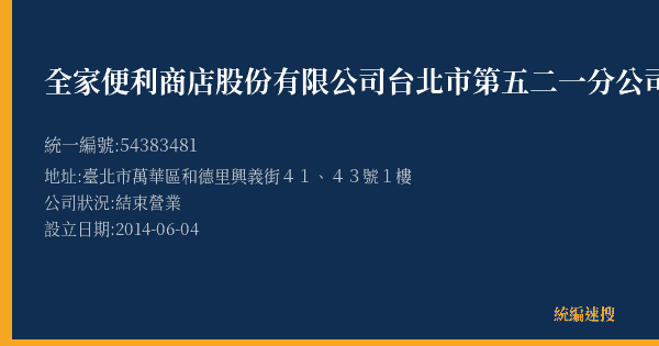 全家便利商店股份有限公司台北市第五二一分公司的照片-統編 54383481(臺北市) 公司登記資料與營業項目詳細圖表