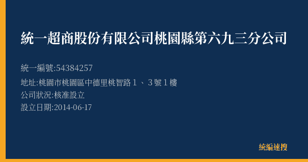 統一超商股份有限公司桃園縣第六九三分公司的照片-統編 54384257(桃園市) 公司登記資料與營業項目詳細圖表