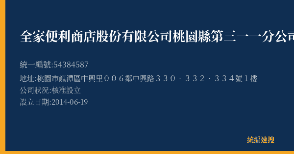 全家便利商店股份有限公司桃園縣第三一一分公司的照片-統編 54384587(桃園市) 公司登記資料與營業項目詳細圖表