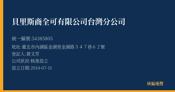 貝里斯商全可有限公司台灣分公司的照片-統編 54385805(臺北市) 公司登記資料與營業項目詳細圖表