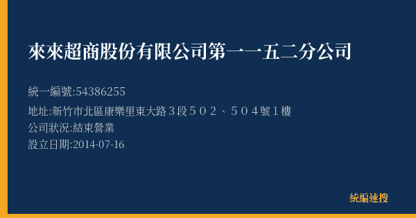 來來超商股份有限公司第一一五二分公司的照片-統編 54386255(新竹市) 公司登記資料與營業項目詳細圖表