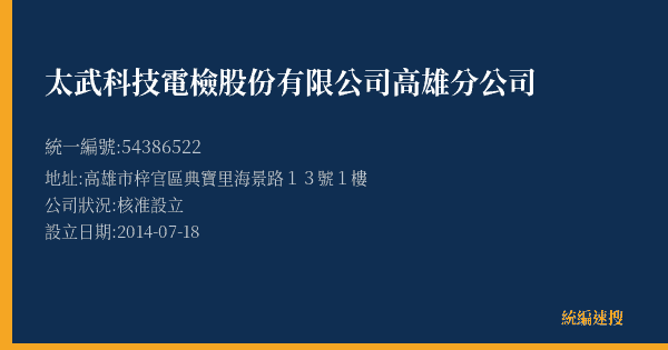 太武科技電檢股份有限公司高雄分公司的照片-統編 54386522(高雄市) 公司登記資料與營業項目詳細圖表