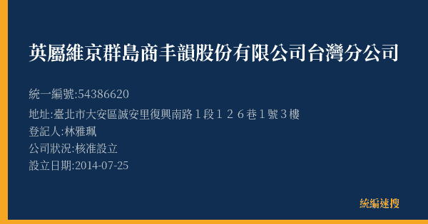 英屬維京群島商丰韻股份有限公司台灣分公司的照片-統編 54386620(臺北市) 公司登記資料與營業項目詳細圖表