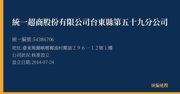 統一超商股份有限公司台東縣第五十九分公司的照片-統編 54386706(臺東縣) 公司登記資料與營業項目詳細圖表