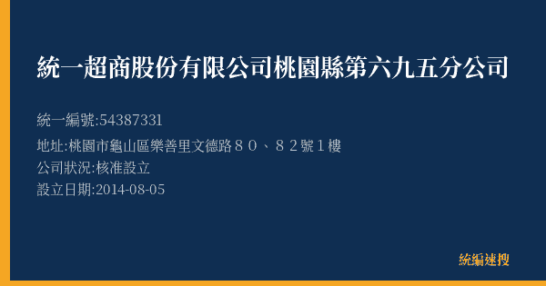 統一超商股份有限公司桃園縣第六九五分公司的照片-統編 54387331(桃園市) 公司登記資料與營業項目詳細圖表