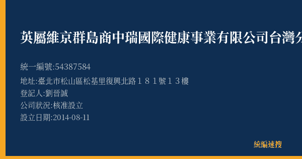 英屬維京群島商中瑞國際健康事業有限公司台灣分公司的照片-統編 54387584(臺北市) 公司登記資料與營業項目詳細圖表