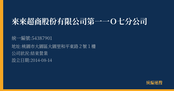 來來超商股份有限公司第一一O七分公司的照片-統編 54387901(桃園市) 公司登記資料與營業項目詳細圖表