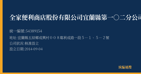 全家便利商店股份有限公司宜蘭縣第一○二分公司的照片-統編 54389154(宜蘭縣) 公司登記資料與營業項目詳細圖表