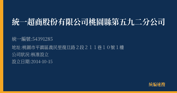 統一超商股份有限公司桃園縣第五九二分公司的照片-統編 54391285(桃園市) 公司登記資料與營業項目詳細圖表