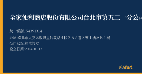 全家便利商店股份有限公司台北市第五三一分公司的照片-統編 54391314(臺北市) 公司登記資料與營業項目詳細圖表