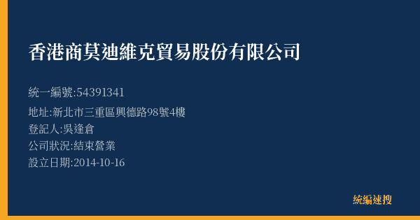香港商莫迪維克貿易股份有限公司的照片-統編 54391341(新北市) 公司登記資料與營業項目詳細圖表