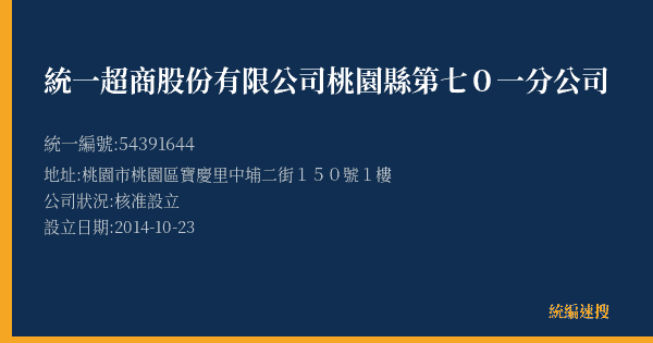 統一超商股份有限公司桃園縣第七0一分公司的照片-統編 54391644(桃園市) 公司登記資料與營業項目詳細圖表