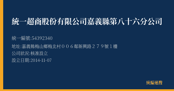 統一超商股份有限公司嘉義縣第八十六分公司的照片-統編 54392340(嘉義縣) 公司登記資料與營業項目詳細圖表