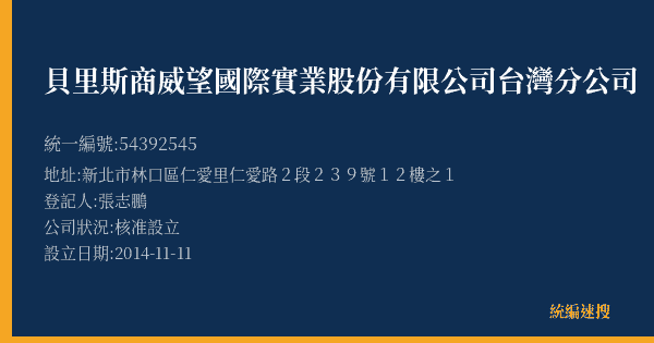 貝里斯商威望國際實業股份有限公司台灣分公司的照片-統編 54392545(新北市) 公司登記資料與營業項目詳細圖表