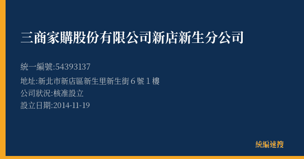 三商家購股份有限公司新店新生分公司的照片-統編 54393137(新北市) 公司登記資料與營業項目詳細圖表