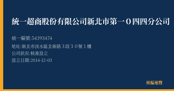 統一超商股份有限公司新北市第一0四四分公司的照片-統編 54393474(新北市) 公司登記資料與營業項目詳細圖表