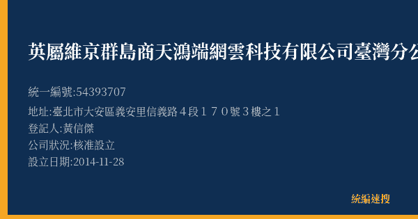英屬維京群島商天鴻端網雲科技有限公司臺灣分公司的照片-統編 54393707(臺北市) 公司登記資料與營業項目詳細圖表