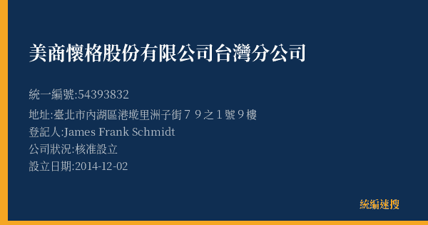 美商懷格股份有限公司台灣分公司的照片-統編 54393832(臺北市) 公司登記資料與營業項目詳細圖表