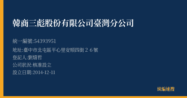 韓商三彪股份有限公司臺灣分公司的照片-統編 54393951(臺中市) 公司登記資料與營業項目詳細圖表