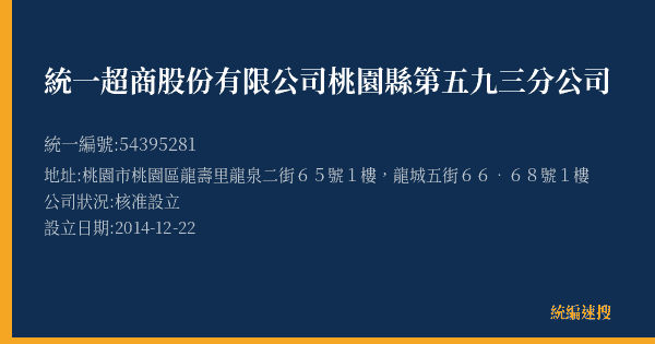 統一超商股份有限公司桃園縣第五九三分公司的照片-統編 54395281(桃園市) 公司登記資料與營業項目詳細圖表