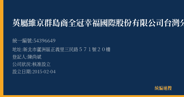 英屬維京群島商全冠幸福國際股份有限公司台灣分公司的照片-統編 54396649(新北市) 公司登記資料與營業項目詳細圖表