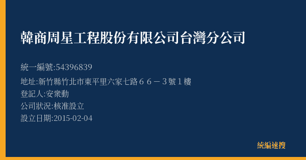 韓商周星工程股份有限公司台灣分公司的照片-統編 54396839(新竹縣) 公司登記資料與營業項目詳細圖表