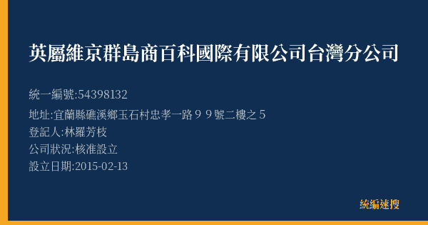 英屬維京群島商百科國際有限公司台灣分公司的照片-統編 54398132(宜蘭縣) 公司登記資料與營業項目詳細圖表