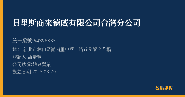 貝里斯商來德威有限公司台灣分公司的照片-統編 54398885(新北市) 公司登記資料與營業項目詳細圖表