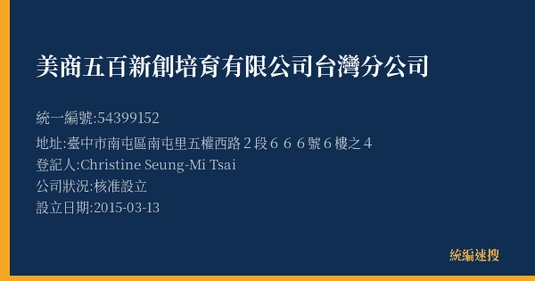 美商五百新創培育有限公司台灣分公司的照片-統編 54399152(臺中市) 公司登記資料與營業項目詳細圖表