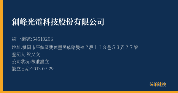 創峰光電科技股份有限公司的照片-統編 54510206(桃園市) 公司登記資料與營業項目詳細圖表