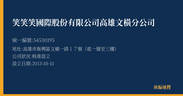 笑笑笑國際股份有限公司高雄文橫分公司的照片-統編 54530195(高雄市) 公司登記資料與營業項目詳細圖表