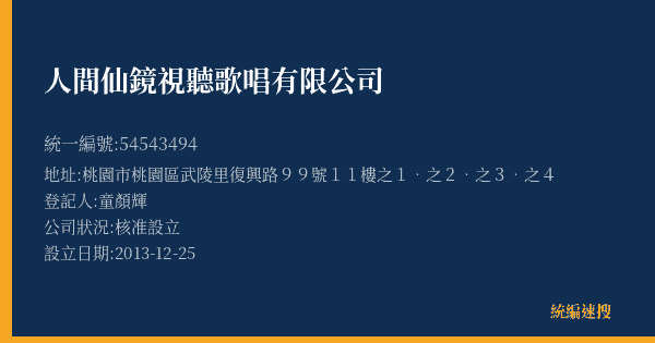 人間仙鏡視聽歌唱有限公司的照片-統編 54543494(桃園市) 公司登記資料與營業項目詳細圖表