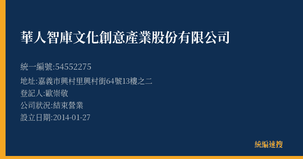 華人智庫文化創意產業股份有限公司的照片-統編 54552275(嘉義市) 公司登記資料與營業項目詳細圖表