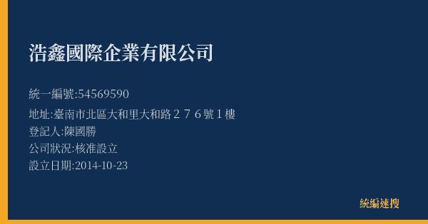 浩鑫國際企業有限公司的照片-統編 54569590(臺南市) 公司登記資料與營業項目詳細圖表