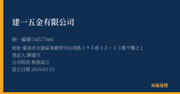 建一五金有限公司的照片-統編 54577661(臺南市) 公司登記資料與營業項目詳細圖表