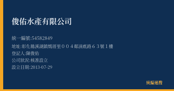 俊佑水產有限公司的照片-統編 54582849(彰化縣) 公司登記資料與營業項目詳細圖表