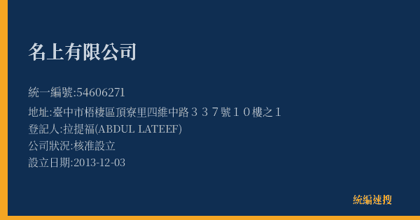 名上有限公司的照片-統編 54606271(臺中市) 公司登記資料與營業項目詳細圖表