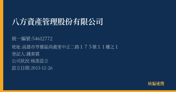 八方資產管理股份有限公司的照片-統編 54612772(高雄市) 公司登記資料與營業項目詳細圖表