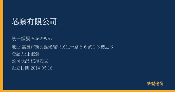 芯泉有限公司的照片-統編 54629957(高雄市) 公司登記資料與營業項目詳細圖表