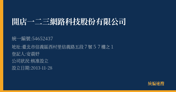 開店一二三網路科技股份有限公司的照片-統編 54652437(臺北市) 公司登記資料與營業項目詳細圖表